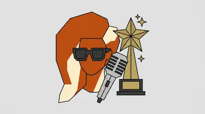 Flat illustration of a person in sunglasses with a microphone and a gold star trophy on a light grey background