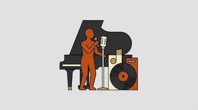 Flat illustration of a brown human figure singing into a microphone next to a grand piano and a vinyl record