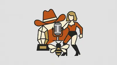 Flat illustration of a woman in a bodysuit standing by a cowboy hat, a vintage microphone, a trophy, and a bee.