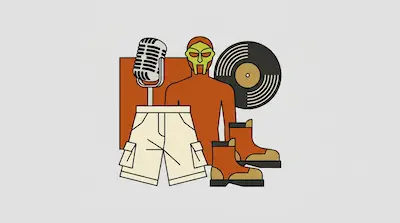 Flat illustration of a masked figure surrounded by a vintage microphone, a vinyl record, cargo shorts, and work boots.
