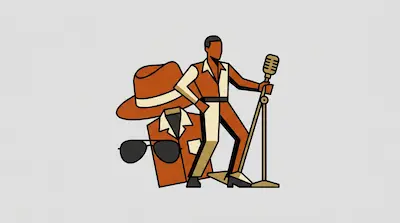 Flat illustration of a male singer with a microphone, a fedora hat, and sunglasses in orange and cream tones.