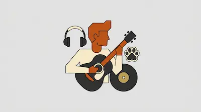 Flat illustration of a man playing guitar surrounded by headphones, a vinyl record, and a paw print on a gray background