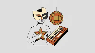 Flat illustration of a masked figure holding a star, next to a synthesizer and a disco ball on a gray background