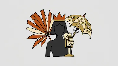 Flat illustration of a crowned silhouette with a vintage microphone, a patterned umbrella, and a large palm leaf.