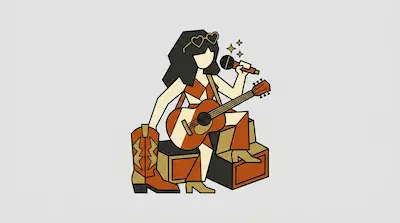 A stylized musician with heart-shaped sunglasses plays an acoustic guitar and sings into a microphone while sitting on boxes.