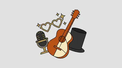 A collection of icons including an acoustic guitar, a vintage microphone, heart-shaped glasses, and a black top hat.