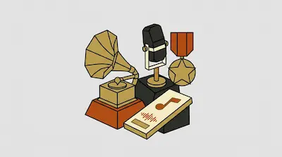 A collection of stylized awards including a gramophone, a vintage microphone, a star medal, and a plaque with a musical note.