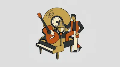 A stylized figure stands among a piano, guitar, and vintage microphone against a large golden circular backdrop.