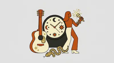 An acoustic guitar, a clock with celestial symbols, and a woman holding a microphone with a snake coiled around her arm.