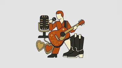 A stylized figure in an orange suit plays a guitar and sings into a microphone, accompanied by a pair of cowboy boots and an open heart locket.