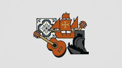 Flat illustration of a Portuguese caravel, a classical guitar, and blue azulejo tiles on a light grey background
