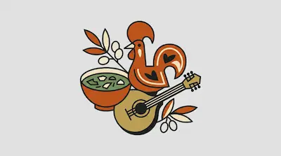 Flat illustration of a rooster, a bowl of soup, and a guitar with olive branches on a light gray background