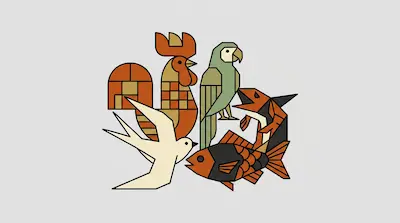 Flat illustration of a rooster, parrot, and fish composed of geometric shapes in earthy tones on a gray background