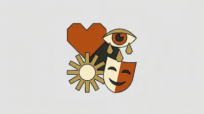 Flat illustration of a geometric heart, a crying eye, a sun, and a smiling theater mask on a light gray background