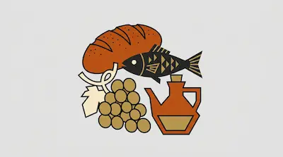 Flat illustration of a loaf of bread, a patterned fish, a cluster of grapes, and a jug of oil on a gray background