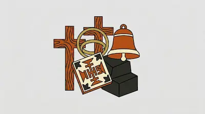 Flat illustration of two wooden crosses, a bronze bell, and a decorative tile with religious symbols on a gray background