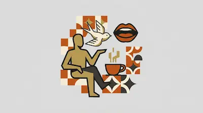 Flat illustration of a seated figure, a flying bird, and a steaming coffee cup against a geometric pattern background