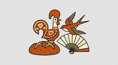 Flat illustration of a stylized rooster on bread next to a flying swallow and an open fan on a light gray background