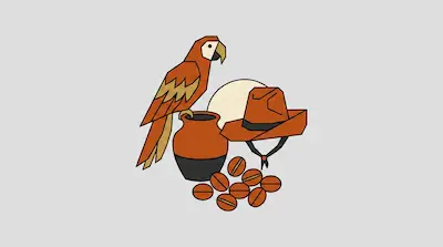 Flat illustration of an orange macaw perched on a clay pot next to a wide brimmed hat and coffee beans