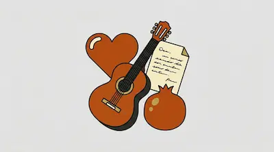 Flat illustration of an acoustic guitar, a large orange heart, a handwritten letter, and a pomegranate on a gray background