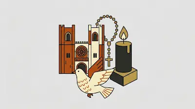 Flat illustration of a cathedral, a white dove, a rosary, and a lit black candle on a light grey background