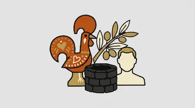 Flat illustration of a Barcelos rooster, an olive branch, a stone well, and a male silhouette on a grey background