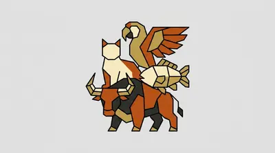 A cat, a parrot with spread wings, a fish, and a bull grouped together.