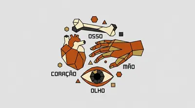 A hand, an anatomical heart, an eye, and a bone arranged together.