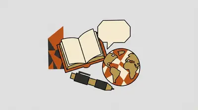 An open book, a speech bubble, a pen, and a globe showing continents.