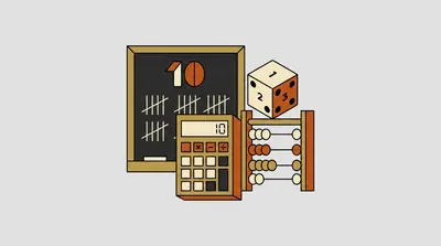 A chalkboard with tally marks, a calculator, a numbered dice, and a counting abacus.