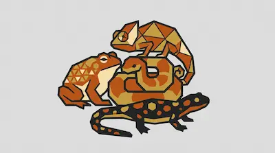 A chameleon, frog, snake, and salamander are grouped together in a geometric art style using orange, tan, and black tones.