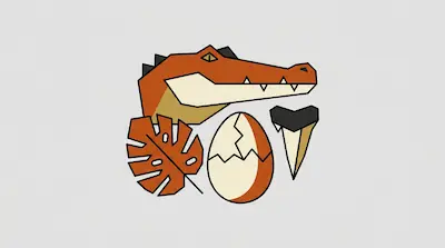 A stylized orange crocodile head positioned above a monstera leaf, a cracked egg, and a shark tooth.