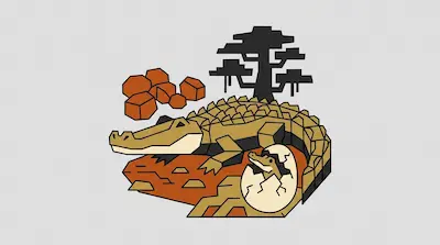 An alligator with a broad snout and armored back on a muddy bank beside a cracked egg with a hatchling, a cluster of gizzard stones, and a cypress tree silhouette on a light gray background
