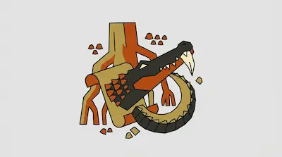 A stylized graphic of a creature with a crocodile head and a tree stump body in orange and tan.