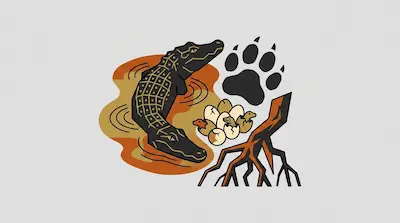 A black caiman with armored scales half-submerged in murky water beside a jaguar paw print, hatching eggs with emerging hatchlings, and mangrove roots on a light gray background