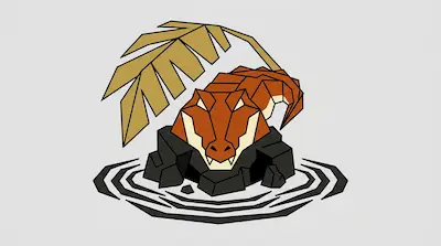 A geometric orange crocodile rests on dark rocks in rippling water beneath a large golden leaf.