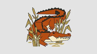 A stylized orange crocodile with a cream underbelly is coiled among tan cattails and reeds.