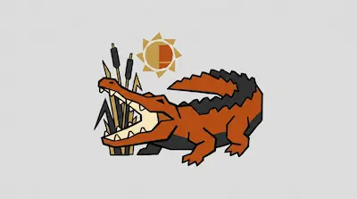 A geometric orange and black crocodile with its mouth open, standing next to cattails under a stylized sun.