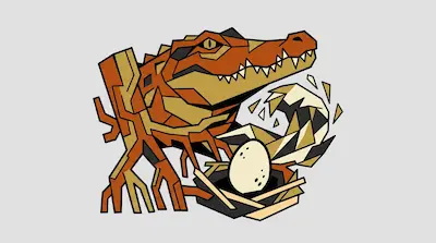 A geometric orange crocodile stands next to a nest containing a single speckled egg.