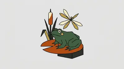 A stylized green frog sits on an orange lily pad beside a cattail, with a dragonfly hovering overhead.