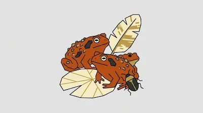 Three orange toads sit on a lily pad with a beetle and a large leaf.