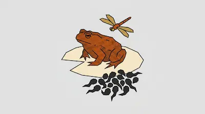 A brown toad sits on a lily pad with a dragonfly above and tadpoles below.