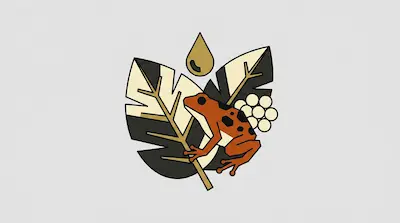 An orange frog with black spots sits on large leaves with a golden droplet above and a cluster of white circles nearby.