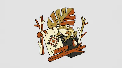 A stylized frog sits among branches, a large leaf, and a patterned scroll in earthy tones.