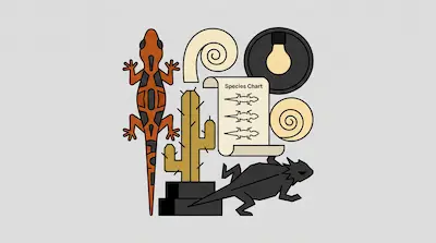 Two stylized lizards, a cactus, a species chart, and a lightbulb are arranged in a graphic composition.