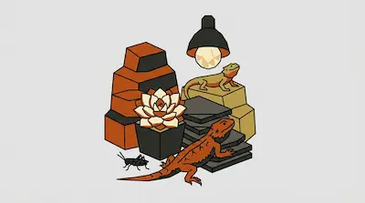 Two bearded dragons rest near a potted succulent, stacked rocks, a heat lamp, and a cricket.