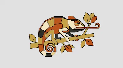 A geometric chameleon in earth tones perches on a branch with its tongue extended.