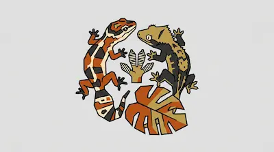 Two stylized geckos face each other in a circle around a gecko foot print and a monstera leaf.