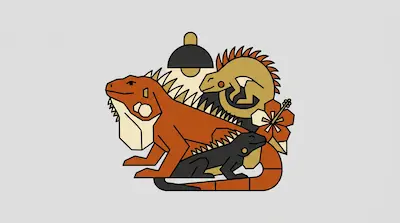 Three stylized iguanas in orange, tan, and black are clustered together with a lamp and a hibiscus flower.