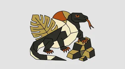 A stylized, geometric black and cream lizard with an orange tongue stands on rocks next to a large leaf.